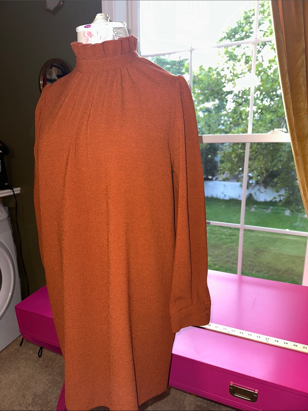 ASOS Rust Long Sleeve High-Neck Ruffle Dress - Picture 3 of 6